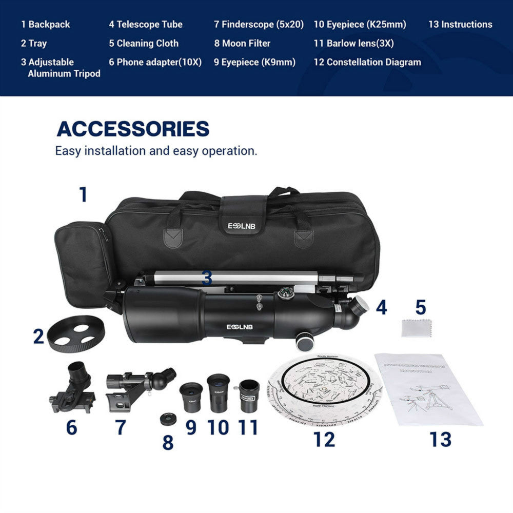 ESSLNB Telescopes for Adults Astronomy, 80mm Astronomical Travel Telescopes with Moon Filter, Erect Image, 10 Times Refractor, Tripod and Carrying Bag for Astronomy Beginners