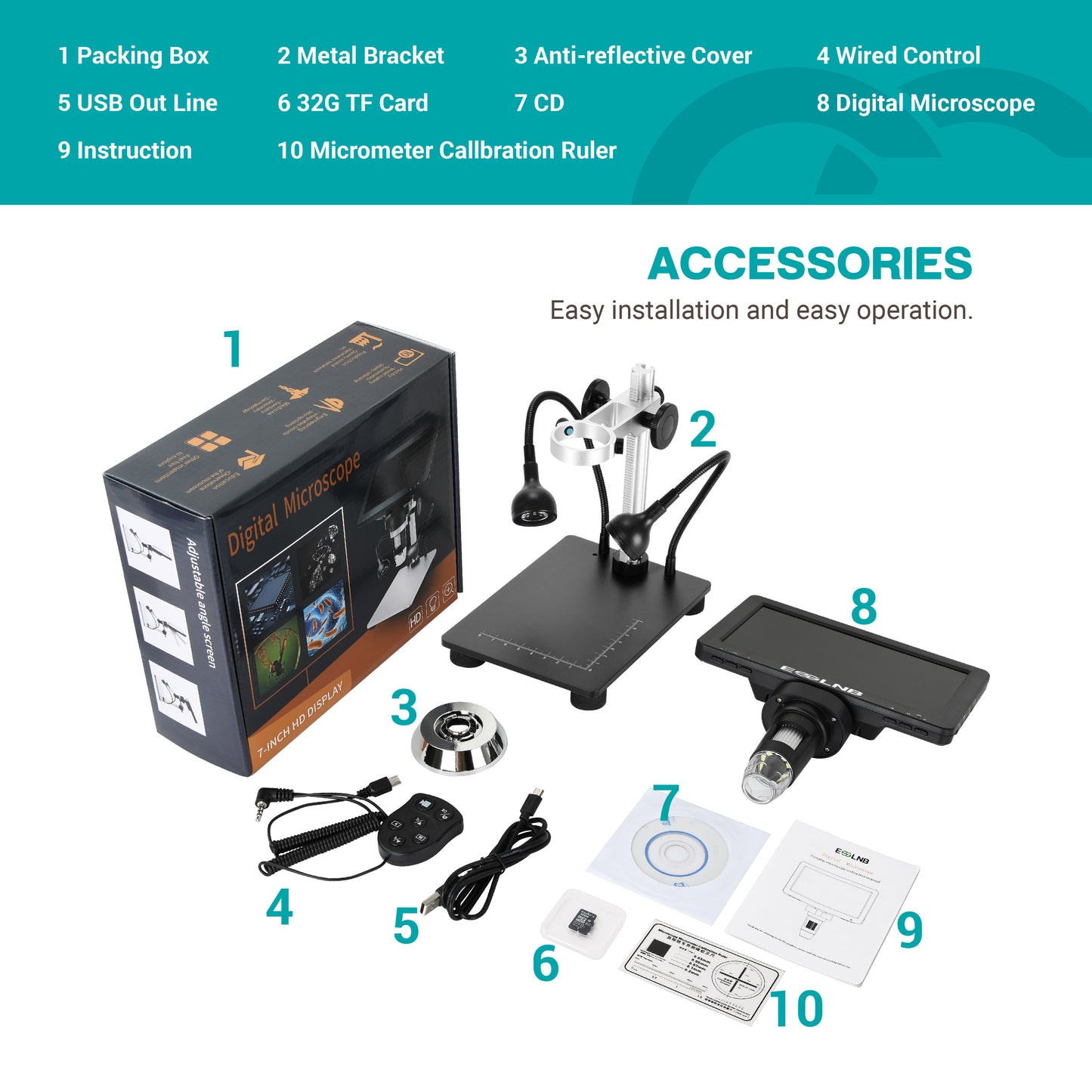 Digital Microscope 7" LCD Screen1080FHD Image with 32G Card Remote Control 8 Adjustable LED Lights&2 Fill Lights Metal Stand Built-in Rechargeable Lithium Battery