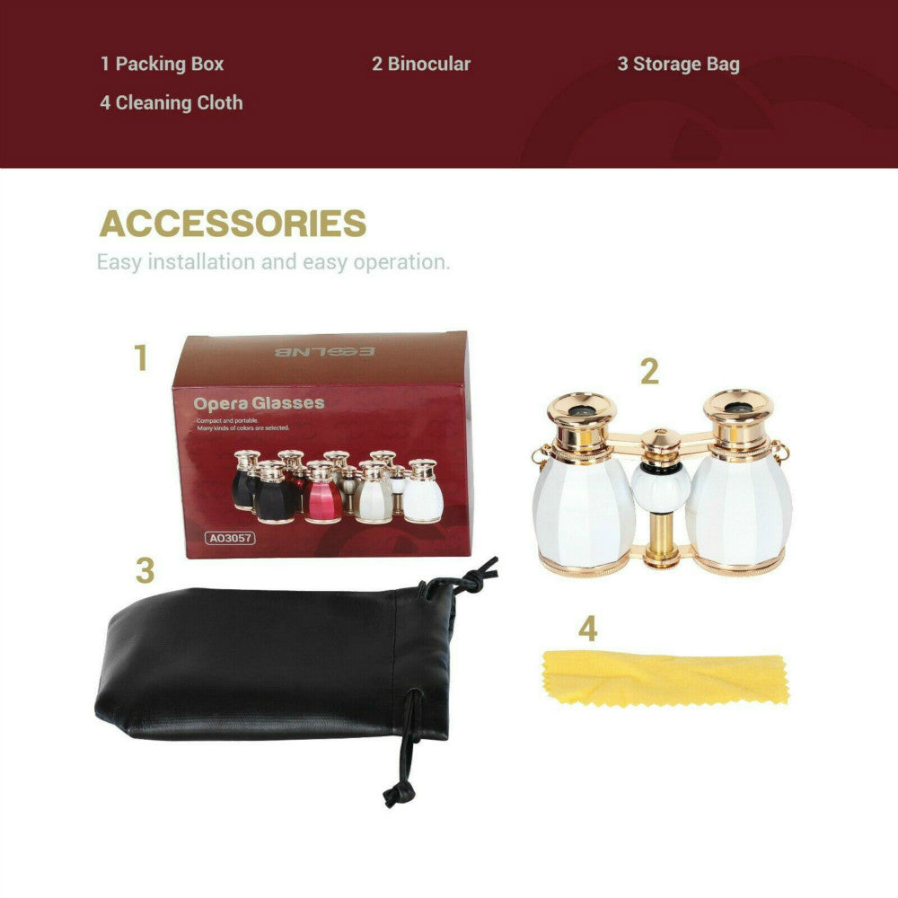 Opera Glasses Binoculars for Women Adults 4X30mm Theater Glasses Compact Binoculars for Theater and Concerts Antique Binoculars with Case Removable Chain White