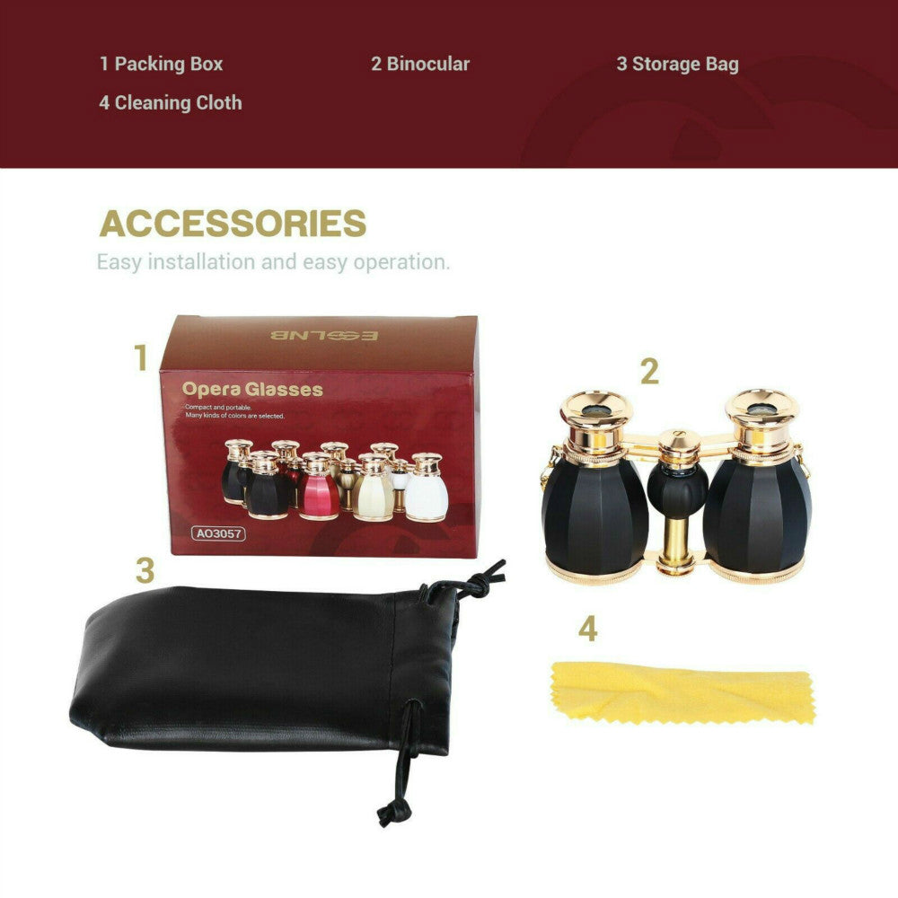 Opera Glasses Binoculars for Women Adults 4X30mm Theater Glasses Compact Binoculars for Theater and Concerts Antique Binoculars with Case Removable Chain (Black)