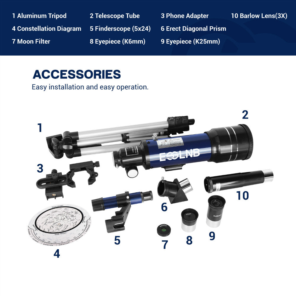 (15X-180X) Telescope for Adults, 70mm Aperture Refractor Telescopes for Astronomy Beginners, Portable Travel Telescope with Phone Adapter & Adjustable Tripod