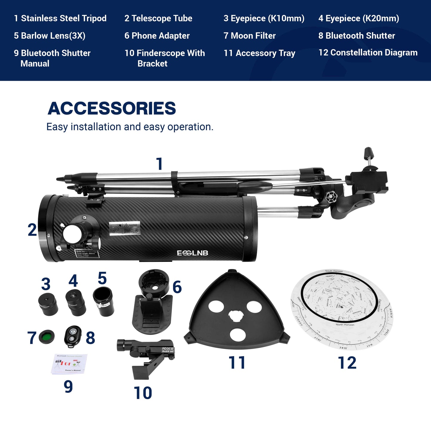 Astronomical Reflector Telescopes 114AZ Mount with Shutter Control and Steel Tripod 500mm Telescopes for Adults Astronomy Beginners with Phone Adapter 3X Barlow Lens and Moon Filter