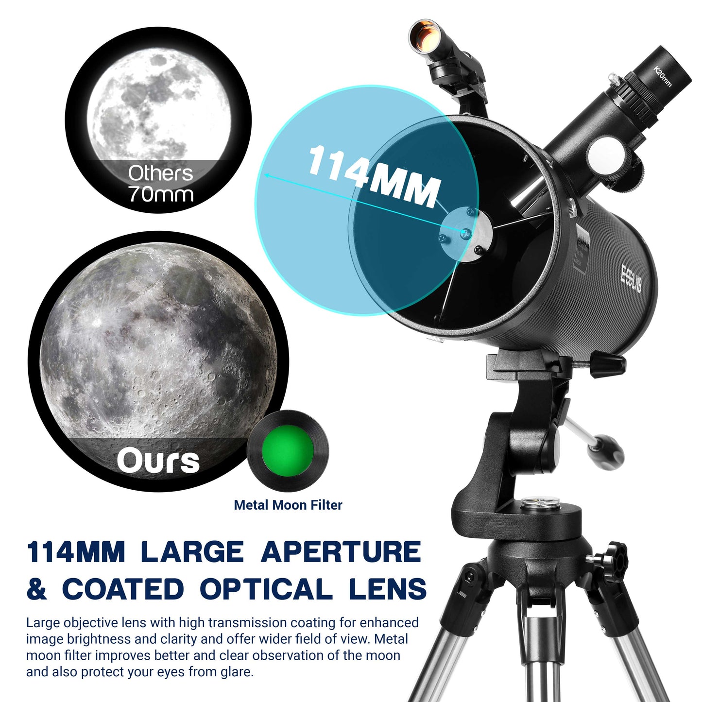 Astronomical Reflector Telescopes 114AZ Mount with Shutter Control and Steel Tripod 500mm Telescopes for Adults Astronomy Beginners with Phone Adapter 3X Barlow Lens and Moon Filter