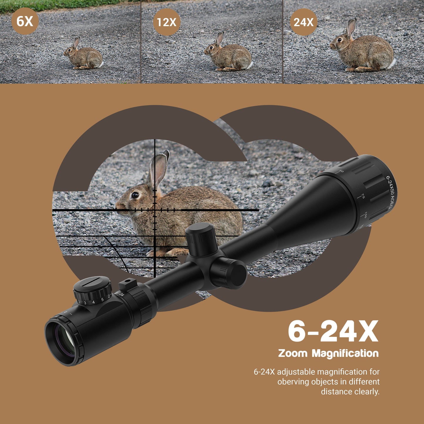 Air Rifle Scope 6-24x50 Rifle Scopes with Mil-Dot Rangefinder AOEG 5 Brightness Settings with 20mm/22mm Picatinny Rail Mount and Covers for Hunting
