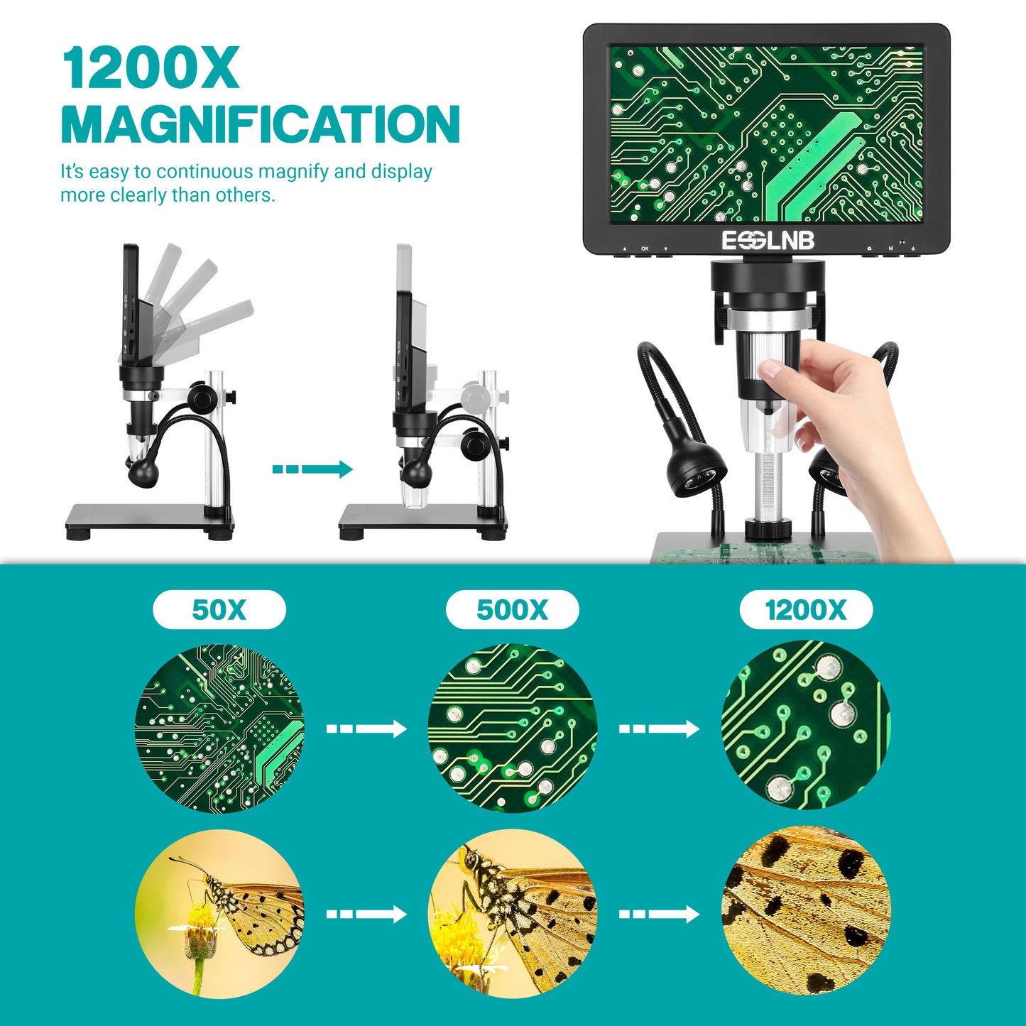 Digital Microscope 7" LCD Screen1080FHD Image with 32G Card Remote Control 8 Adjustable LED Lights&2 Fill Lights Metal Stand Built-in Rechargeable Lithium Battery