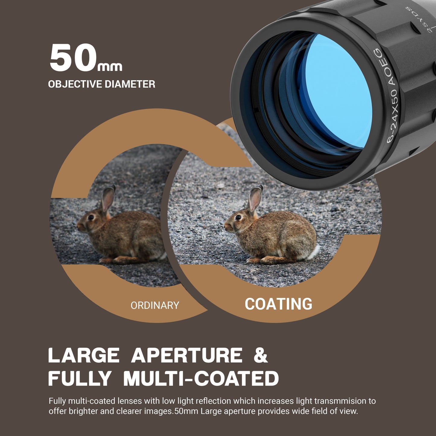 Air Rifle Scope 6-24x50 Rifle Scopes with Mil-Dot Rangefinder AOEG 5 Brightness Settings with 20mm/22mm Picatinny Rail Mount and Covers for Hunting