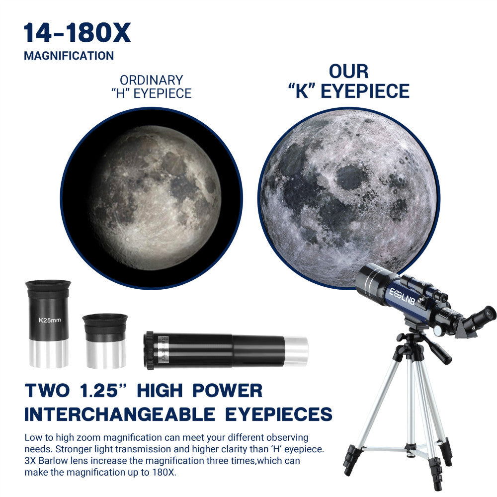 (15X-180X) Telescope for Adults, 70mm Aperture Refractor Telescopes for Astronomy Beginners, Portable Travel Telescope with Phone Adapter & Adjustable Tripod