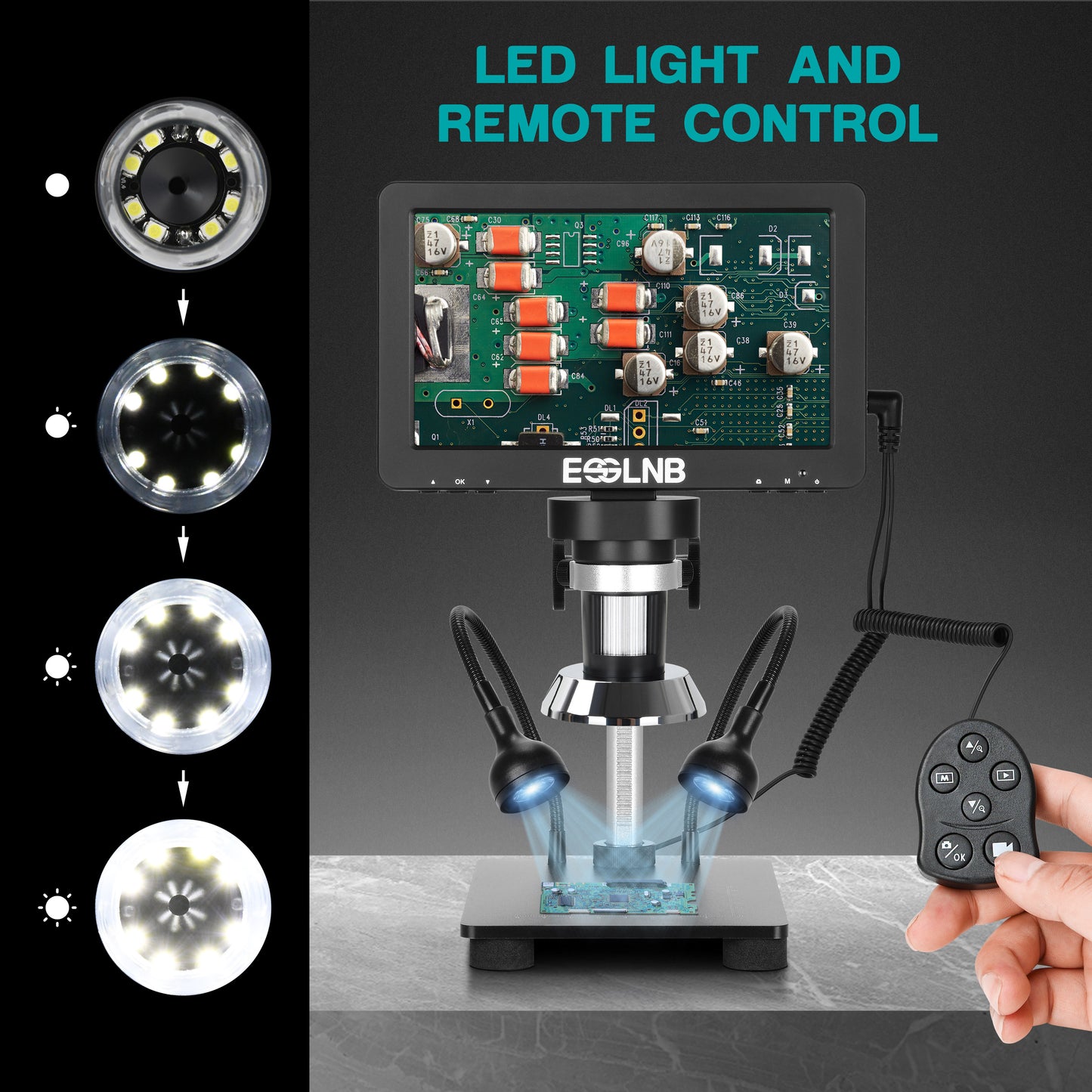 Digital Microscope 7" LCD Screen1080FHD Image with 32G Card Remote Control 8 Adjustable LED Lights&2 Fill Lights Metal Stand Built-in Rechargeable Lithium Battery