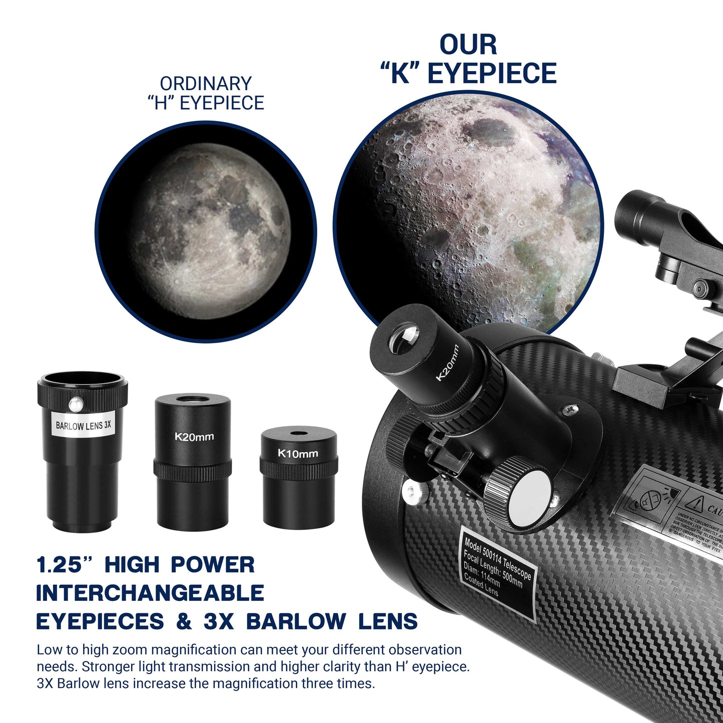 Astronomical Reflector Telescopes 114AZ Mount with Shutter Control and Steel Tripod 500mm Telescopes for Adults Astronomy Beginners with Phone Adapter 3X Barlow Lens and Moon Filter