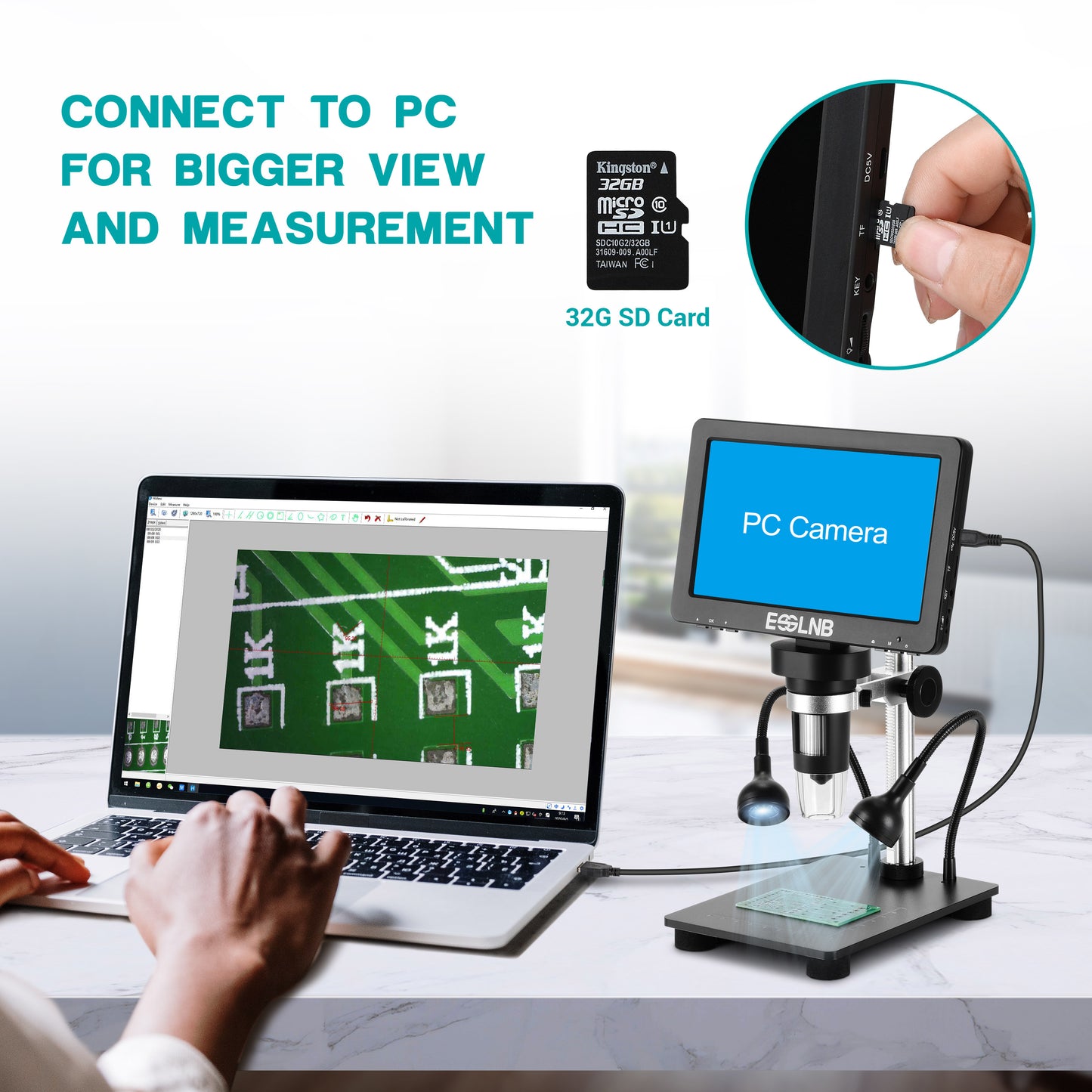 Digital Microscope 7" LCD Screen1080FHD Image with 32G Card Remote Control 8 Adjustable LED Lights&2 Fill Lights Metal Stand Built-in Rechargeable Lithium Battery