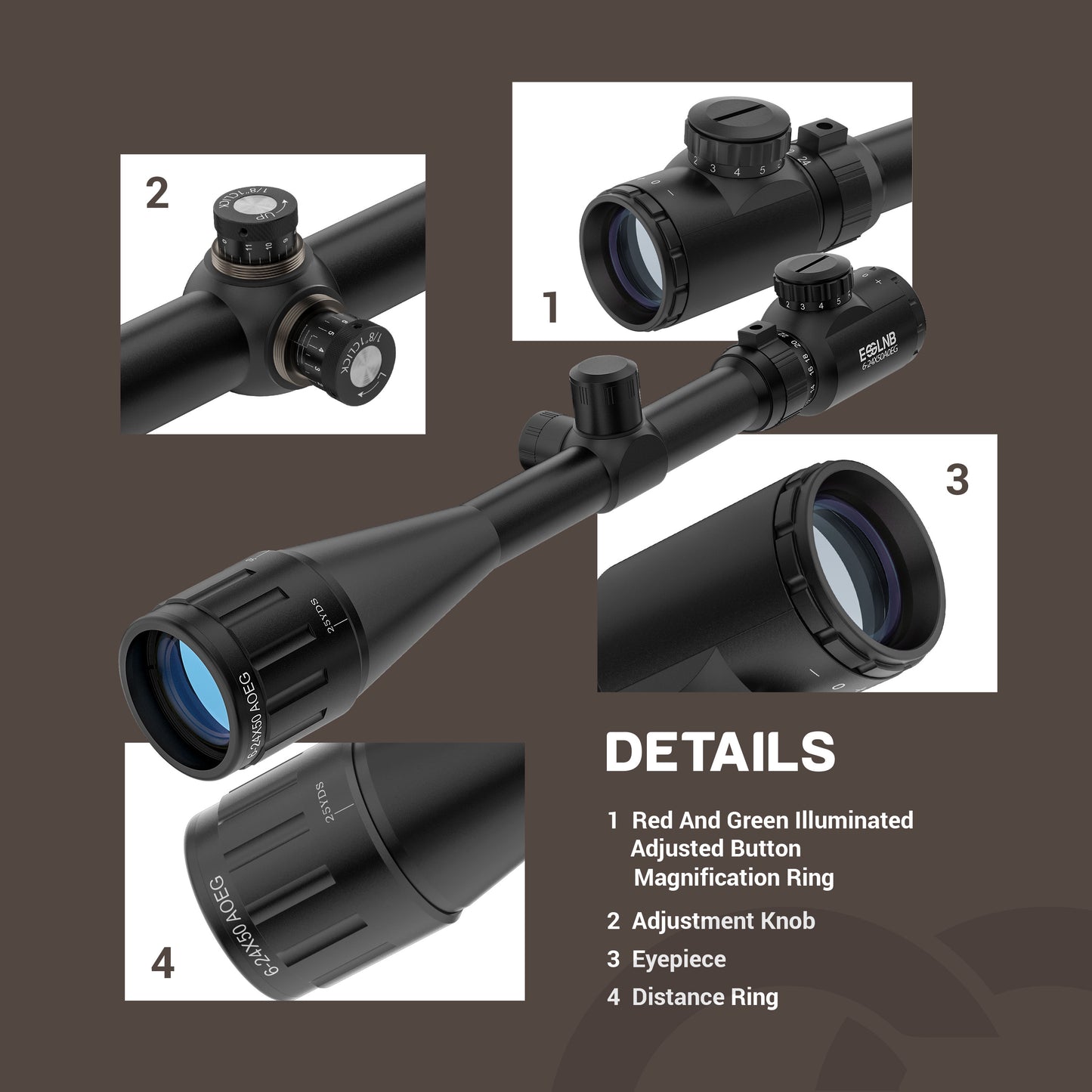 Air Rifle Scope 6-24x50 Rifle Scopes with Mil-Dot Rangefinder AOEG 5 Brightness Settings with 20mm/22mm Picatinny Rail Mount and Covers for Hunting