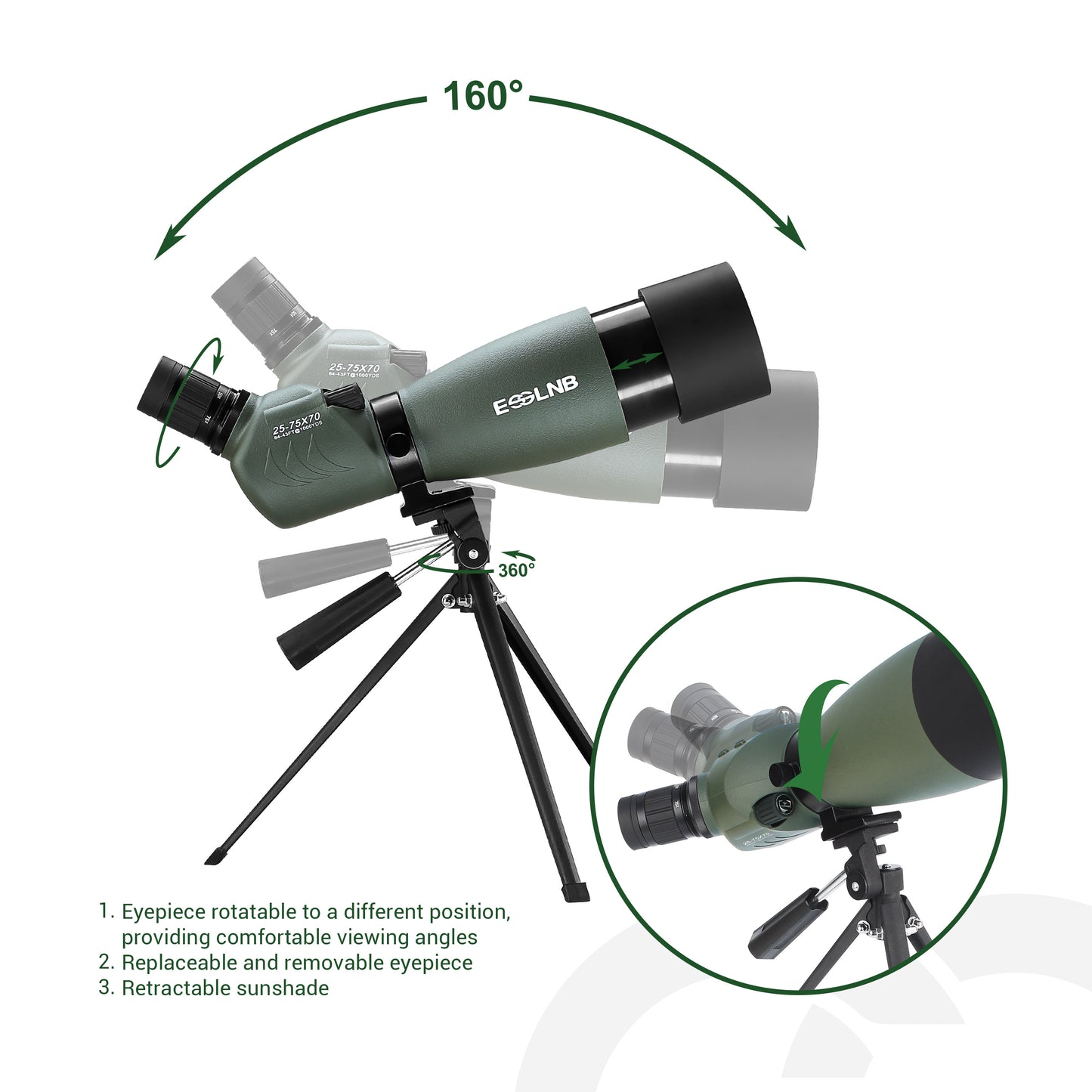 Spotting Scope with Tripod Phone Adapter 25-75 X 70 BAK4 Monocular Telescope Waterproof Compact Spotting Scopes for Target Shooting Hunting Bird Watching