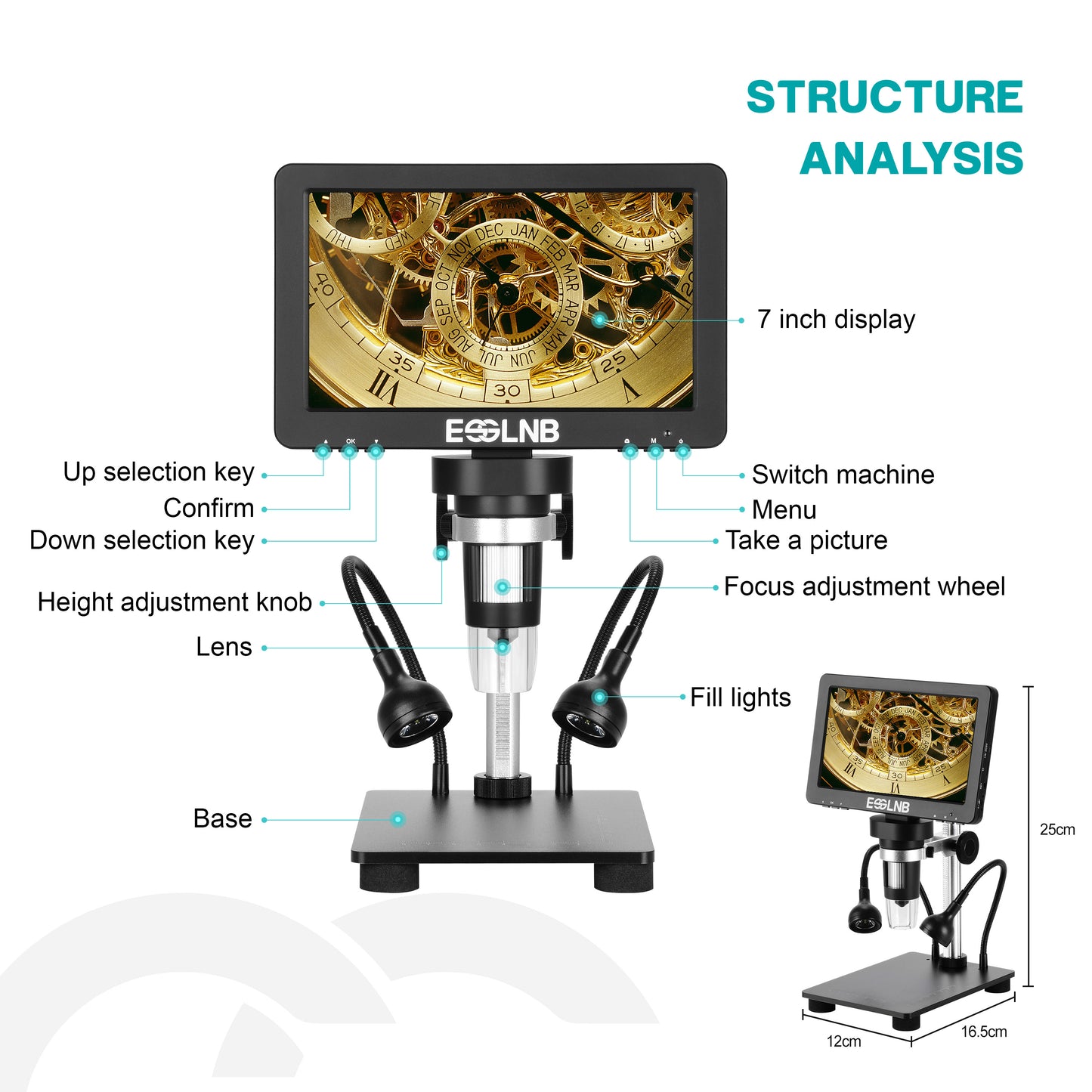 Digital Microscope 7" LCD Screen1080FHD Image with 32G Card Remote Control 8 Adjustable LED Lights&2 Fill Lights Metal Stand Built-in Rechargeable Lithium Battery