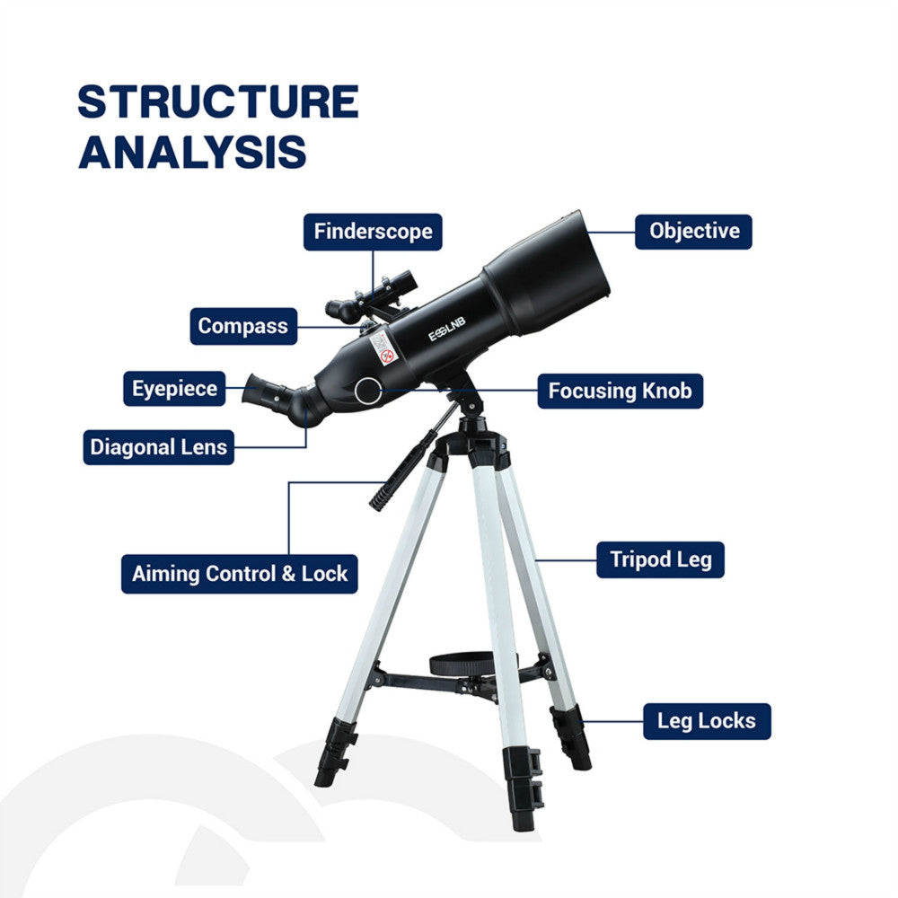 ESSLNB Telescopes for Adults Astronomy, 80mm Astronomical Travel Telescopes with Moon Filter, Erect Image, 10 Times Refractor, Tripod and Carrying Bag for Astronomy Beginners