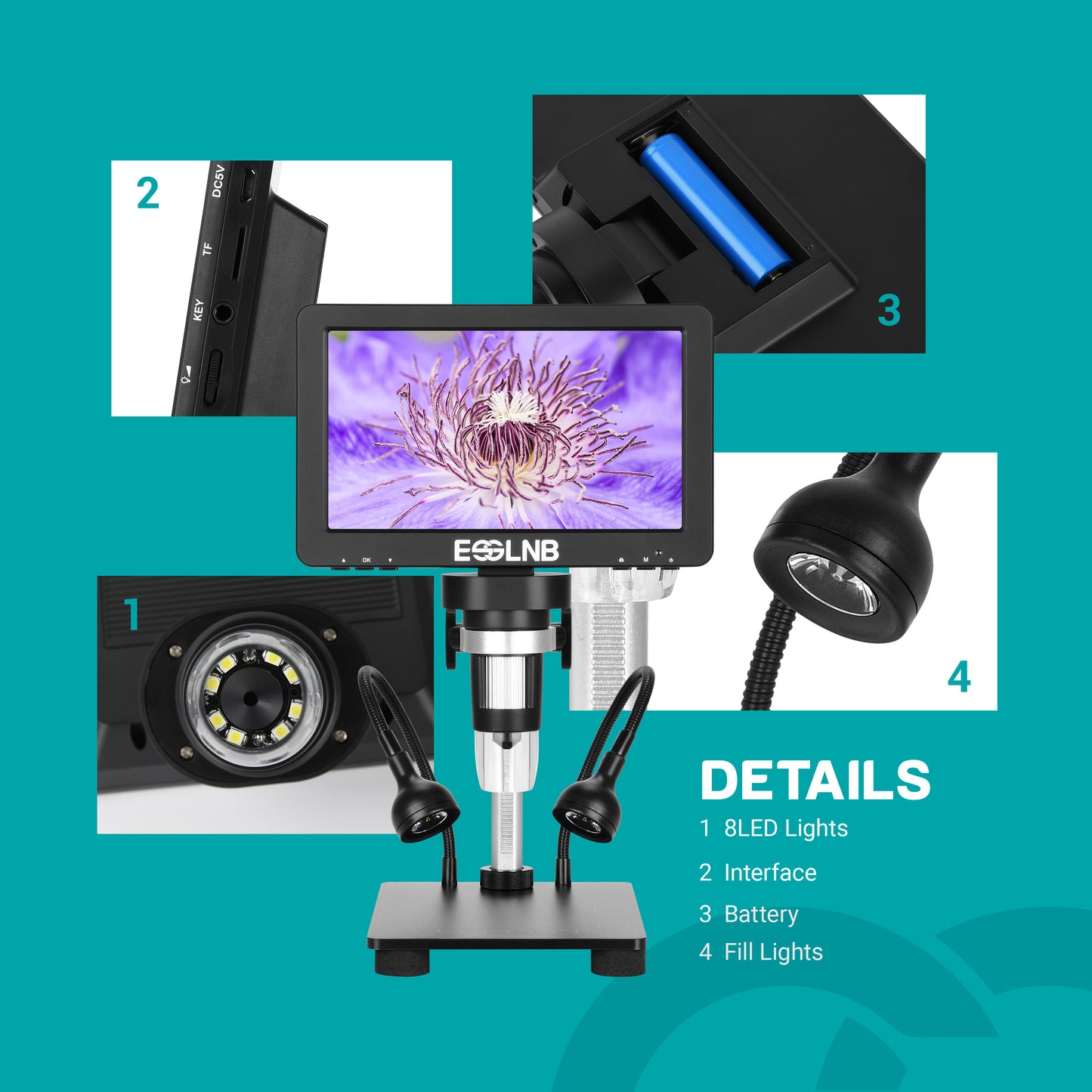 Digital Microscope 7" LCD Screen1080FHD Image with 32G Card Remote Control 8 Adjustable LED Lights&2 Fill Lights Metal Stand Built-in Rechargeable Lithium Battery