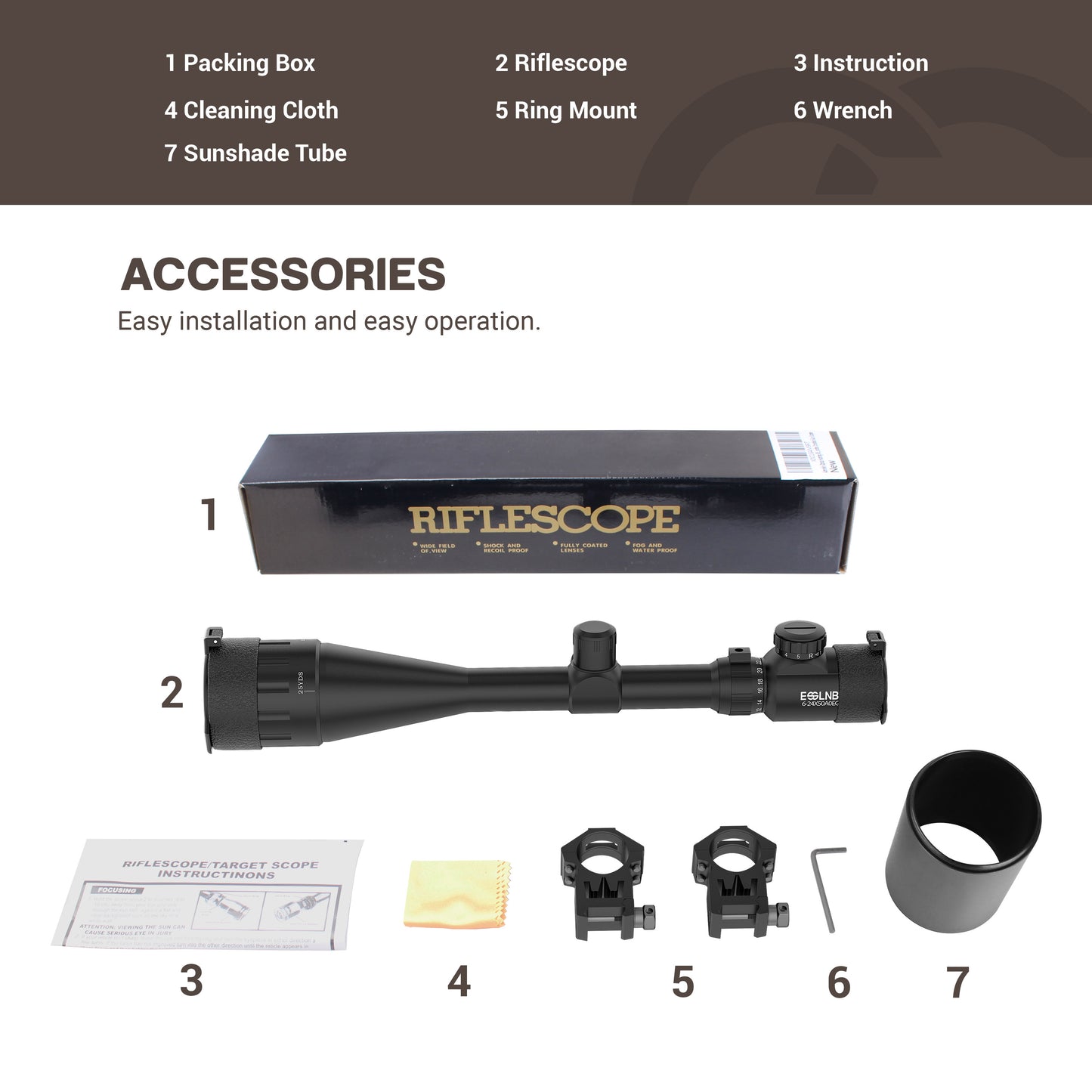 Air Rifle Scope 6-24x50 Rifle Scopes with Mil-Dot Rangefinder AOEG 5 Brightness Settings with 20mm/22mm Picatinny Rail Mount and Covers for Hunting