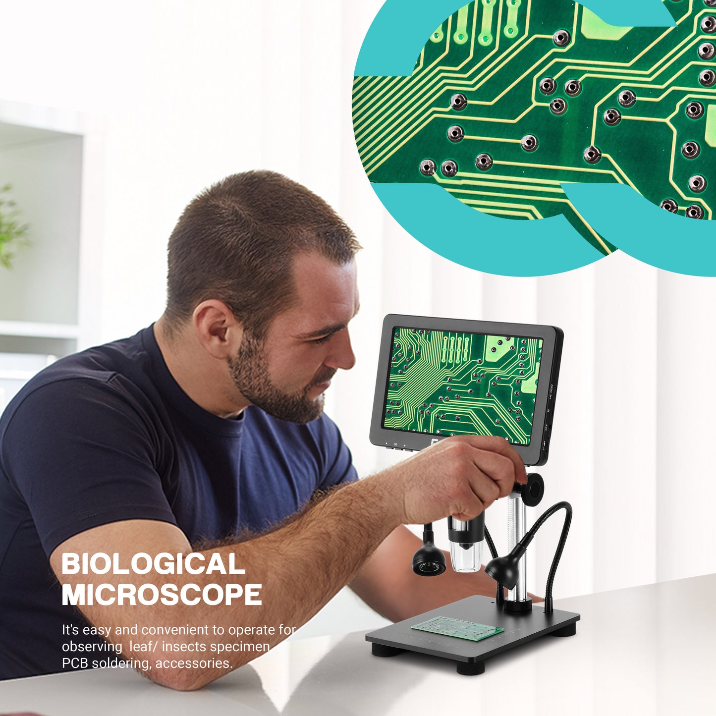 Digital Microscope 7" LCD Screen1080FHD Image with 32G Card Remote Control 8 Adjustable LED Lights&2 Fill Lights Metal Stand Built-in Rechargeable Lithium Battery