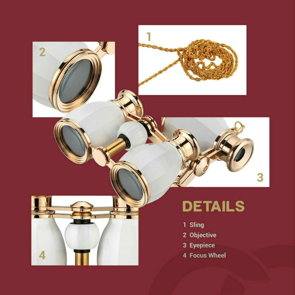 Opera Glasses Binoculars for Women Adults 4X30mm Theater Glasses Compact Binoculars for Theater and Concerts Antique Binoculars with Case Removable Chain White